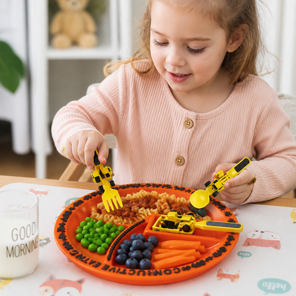 Construction-Themed BPA-Free Kids Cutlery Set (3 Forks + Plate)