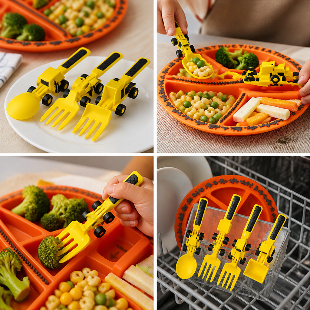 Construction-Themed BPA-Free Kids Cutlery Set (3 Forks + Plate)