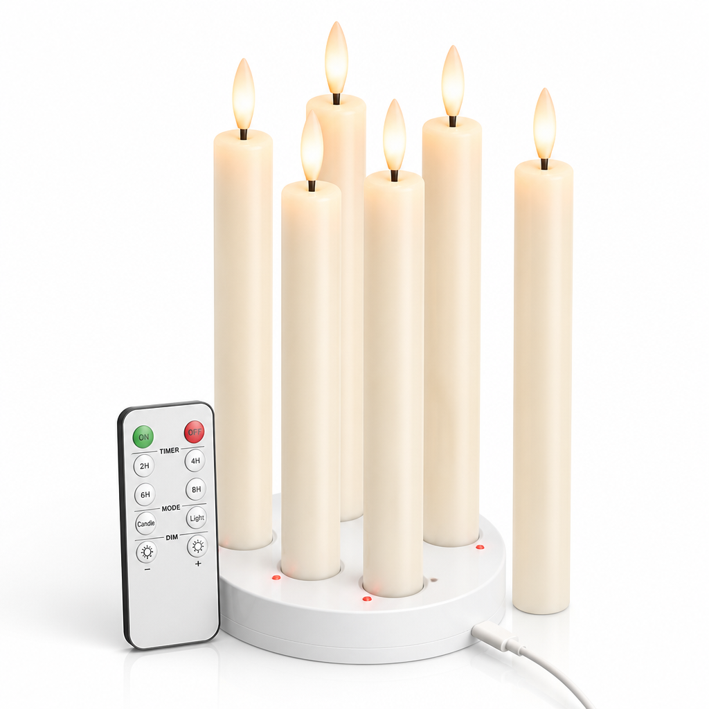 Rechargeable Remote-Controlled Real-Wax Taper Candles (Set of 6)