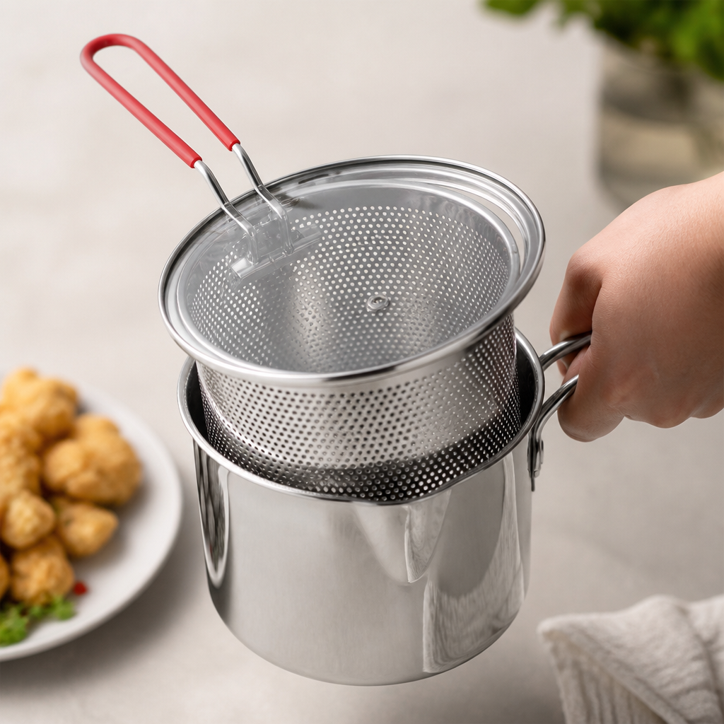 Stainless Steel Integrated Strainer Frying Pan (Draining Basket & Lid)