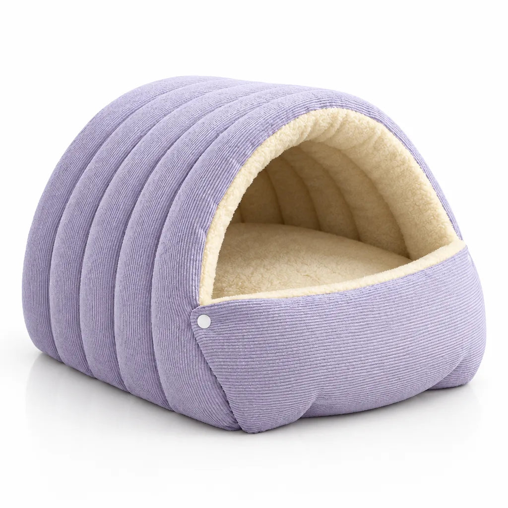 Lilac corduroy 2-in-1 pet cave with a domed roof and cream fleece lining, shown from the front on a plain white background with the hood up to form an enclosed bed for a small dog or cat.