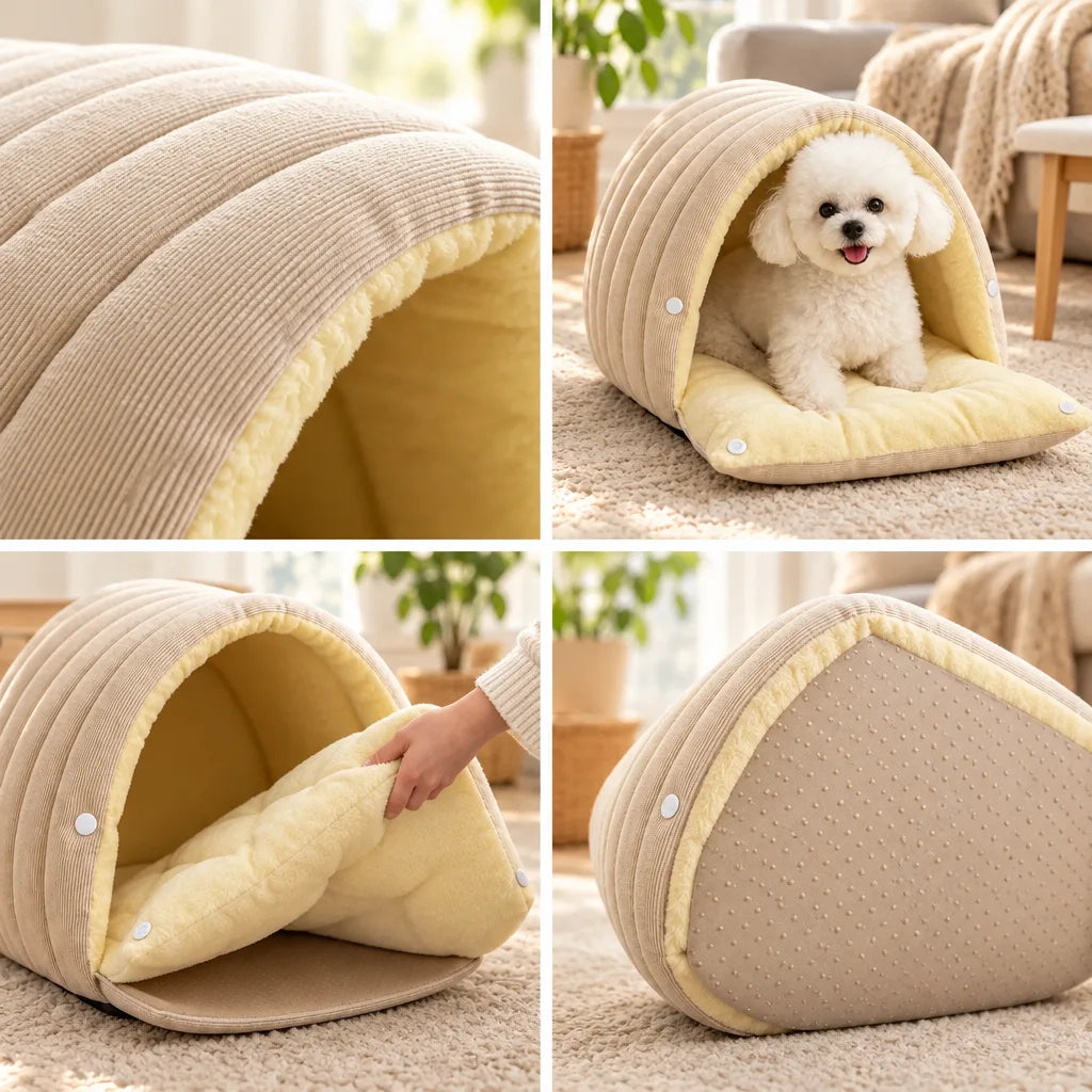 Four-panel grid showing a beige ribbed 2-in-1 pet cave with a domed roof: a close-up of the arched opening lined in pale yellow plush, a small white curly-coated dog sitting inside on the extended cushion, a hand lifting the soft yellow mat out from under the dome, and a rear view of the dome with its textured non-slip base, all on a cream rug in a sunlit living room.