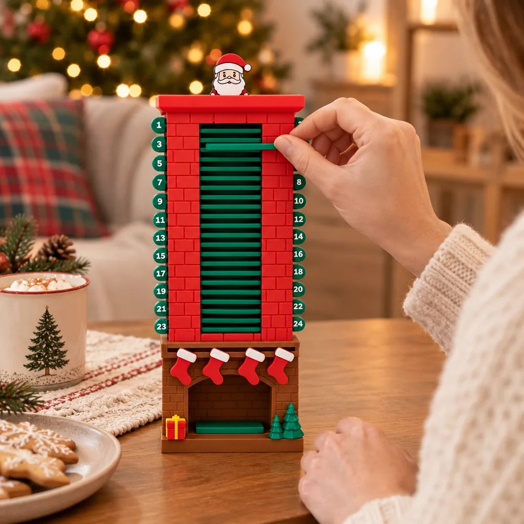 A hand pulls out a green stick from the Santa in the Chimney Advent calendar, a red brick chimney tower numbered 1 to 24 with a Santa figure on top and a brown fireplace base hung with four red stockings, standing on a wooden table beside a mug of hot chocolate and gingerbread cookies with a lit Christmas tree behind.