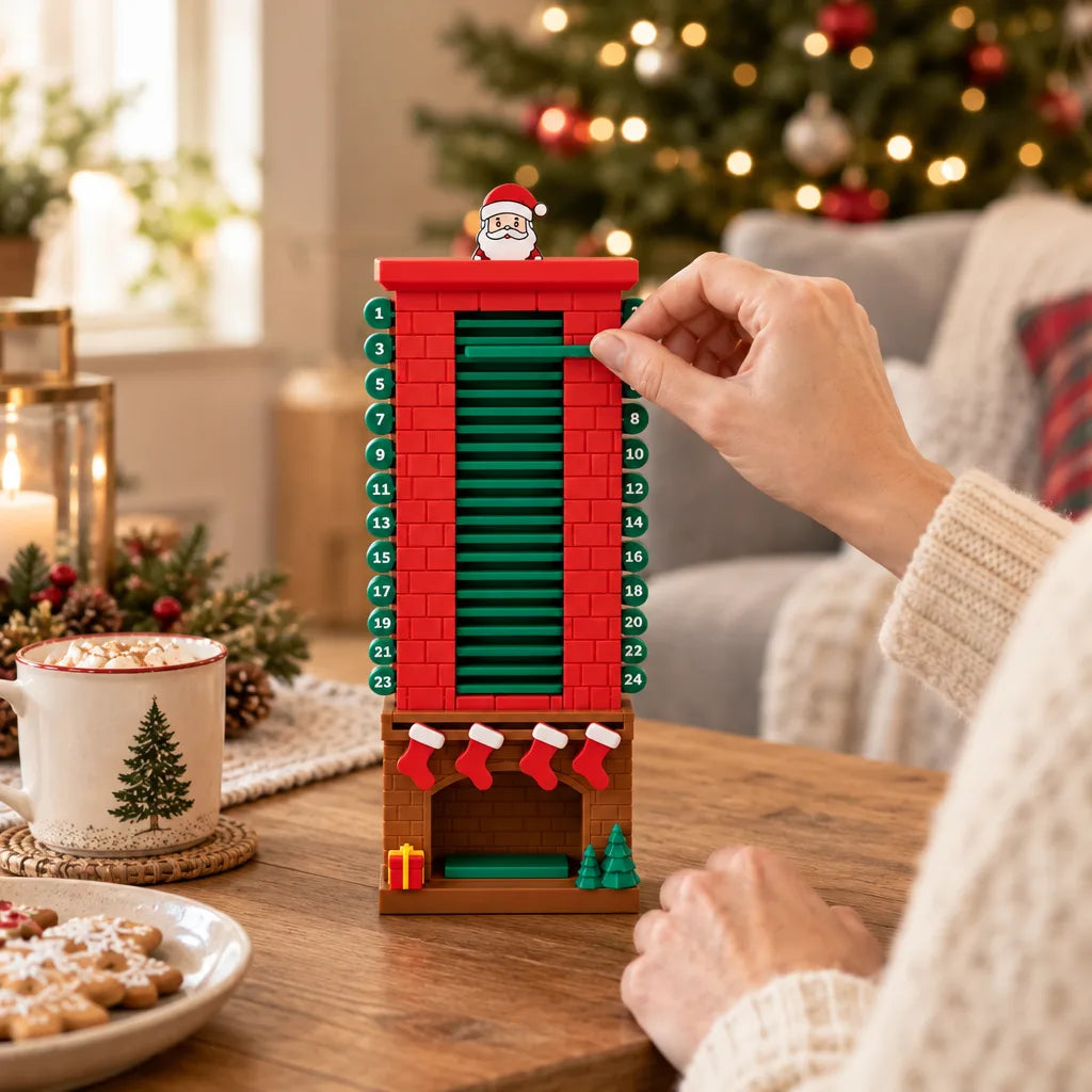A hand slides a green stick into the Santa chimney advent calendar, a red brick tower numbered 1 to 24 with a Santa figure peeking over the top and stockings hung on the fireplace base, on a wooden table beside a cocoa mug and gingerbread cookies with a lit Christmas tree behind.