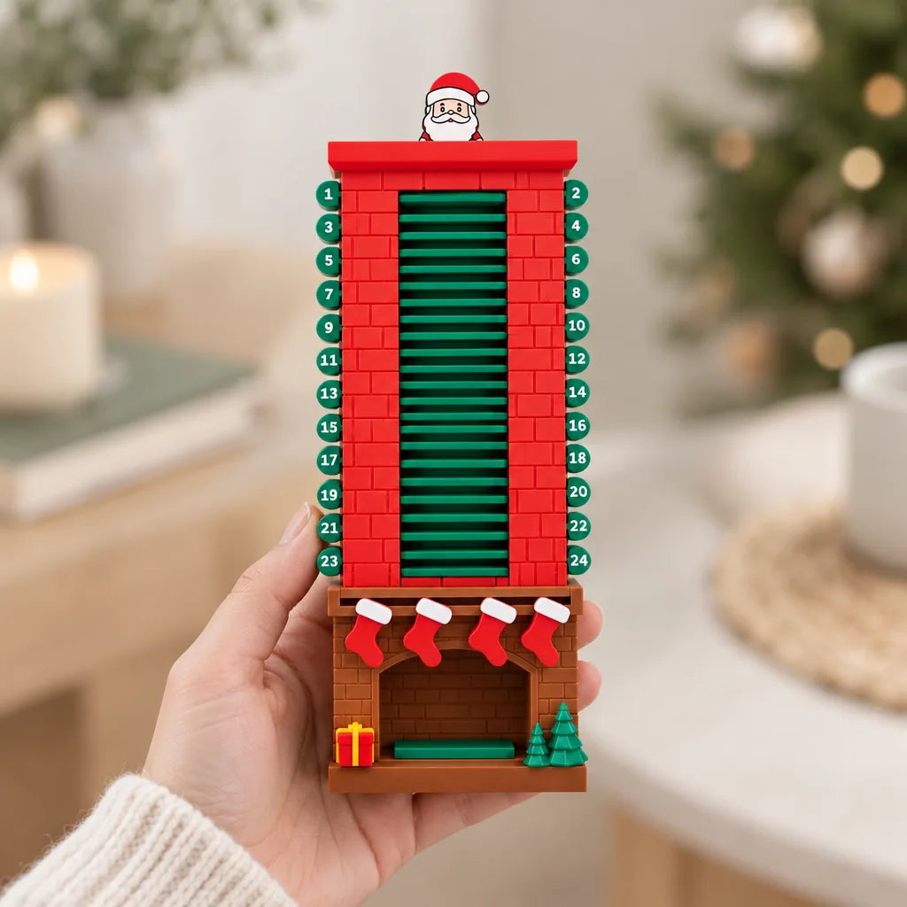 A hand holds the Santa in the Chimney advent calendar, a brick-red chimney block with numbers 1 to 24 down both sides, green sliding doors in the middle, Santa peeking over the top and a fireplace base with red stockings, a gift and small trees, in front of a blurred living room with a Christmas tree and candle.