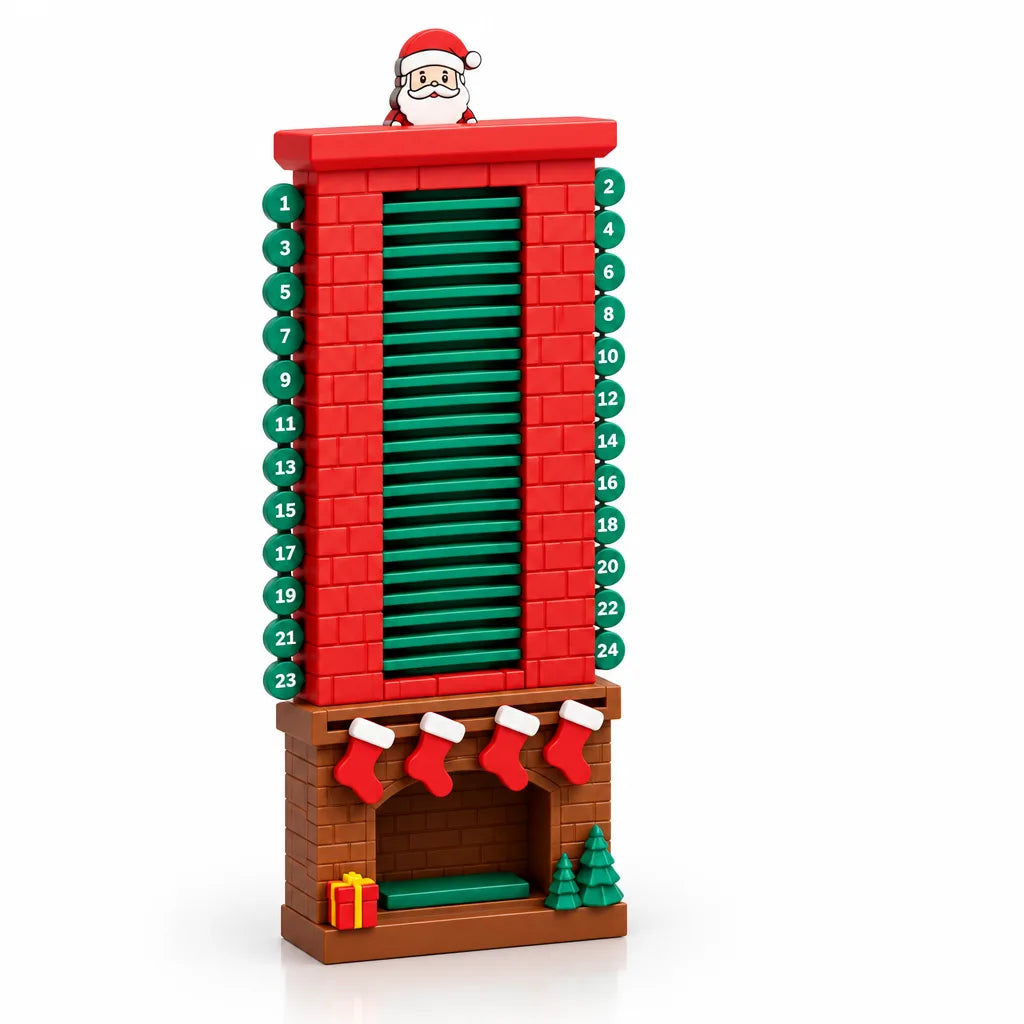 Tall toy-brick Santa in the chimney advent calendar, with a red brick chimney flanked by 24 numbered green discs, a green slatted panel down the centre, a Santa figure peeking over the top, and a brown fireplace base holding four stockings, a wrapped gift and two small Christmas trees.