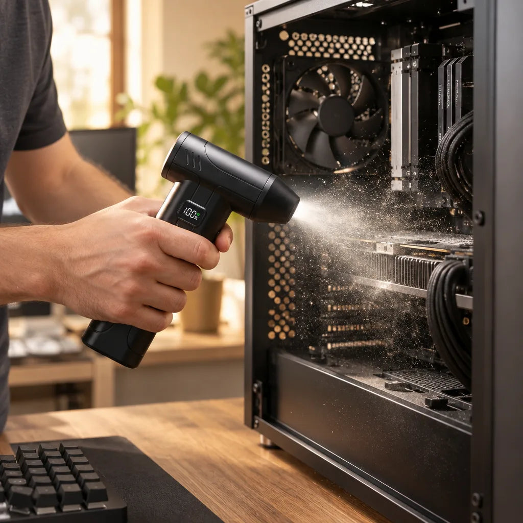 A person holds a black cordless air duster with a lit 100% display and blasts a visible cloud of dust out of an open desktop PC case, with the fan, graphics card and cables inside the case covered in debris on a wooden desk.