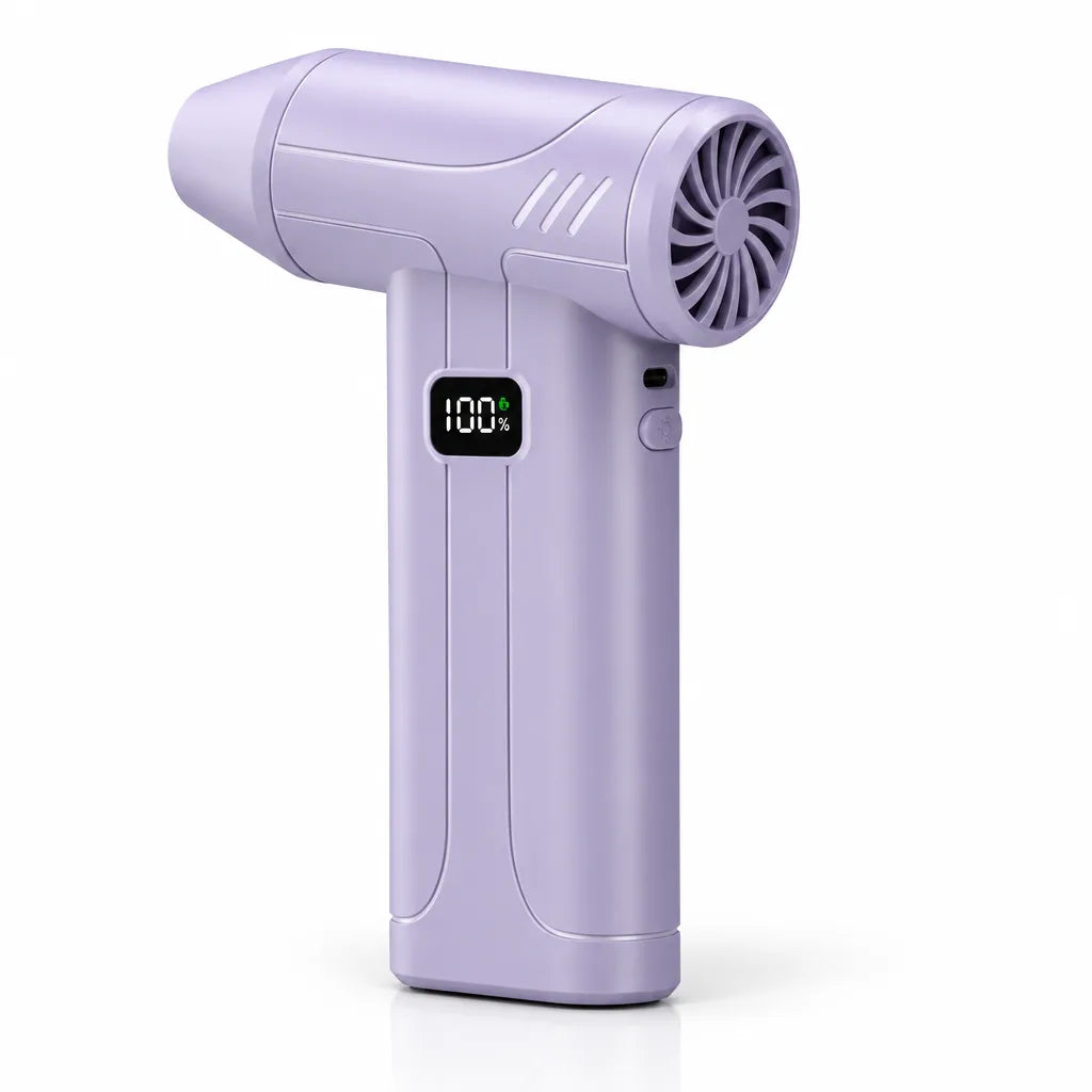 Lavender purple cordless air duster standing upright against a white background, with its turbine nozzle angled to the right, a small black screen on the grip showing 100% battery, and a power button beside it.