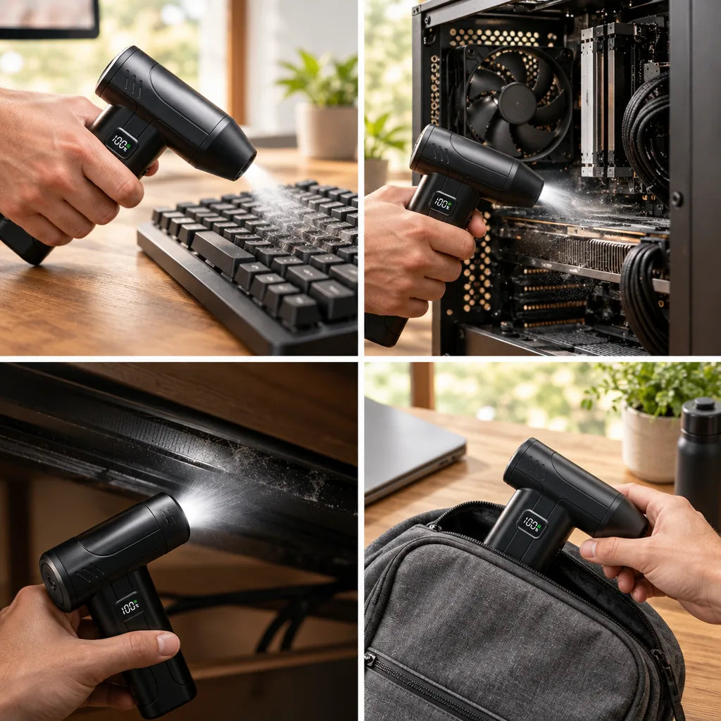 Four-panel grid showing a hand using a black Air Duster Cordless with a glowing battery display: blasting dust from a mechanical keyboard, clearing debris from inside a desktop PC case, lighting up a dusty window track with its built-in LED, and tucking the compact unit into a grey backpack pocket on a wooden desk.