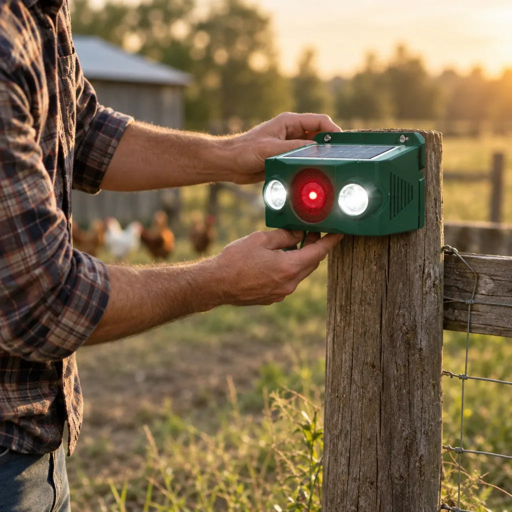 A man in a plaid shirt mounts a green Animal Repellent Solar-Powered Alarm on a weathered wooden fence post, its solar panel on top and two white LEDs flanking a glowing red light, with chickens grazing in a sunlit field behind him.