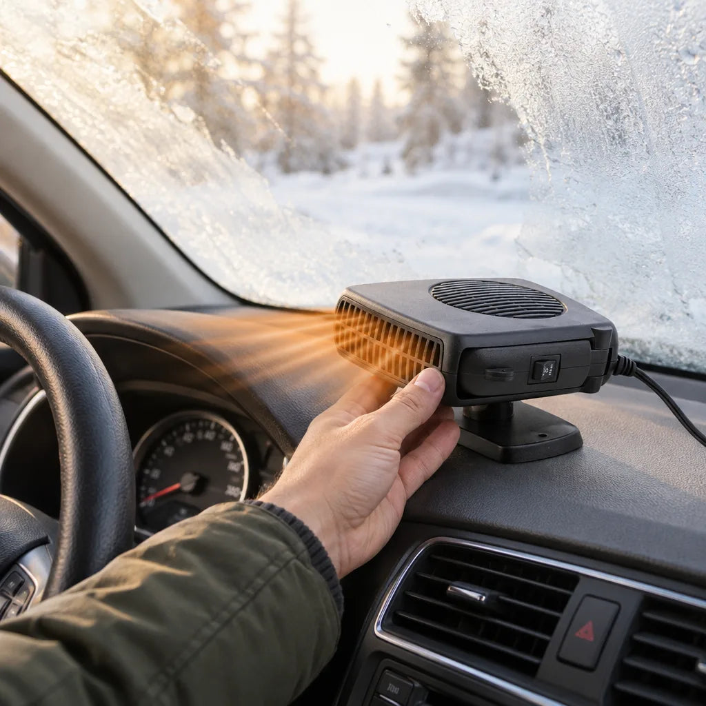 A hand steadies a small black car heater on the dashboard of a car, its vents blowing warm air toward a windshield thickly coated with ice, with snow-covered pines visible outside.