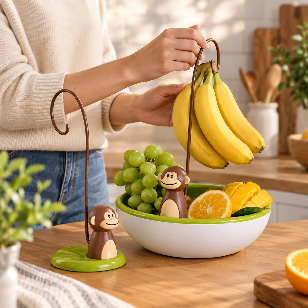 A woman hangs a bunch of bananas on the curved brown hook of a green monkey banana hanger standing on a wooden kitchen counter, with a second matching hanger beside a white and green bowl of grapes, orange slices and diced mango.