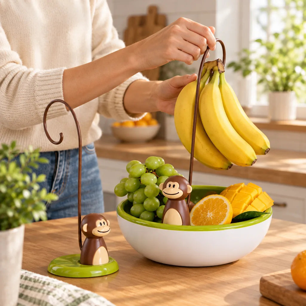 A person lifts a bunch of bananas onto the curved hook of a monkey banana hanger with a green base, standing on a wooden kitchen counter beside a matching white and green bowl of grapes, orange slices and mango, with a second identical hanger empty to the left.