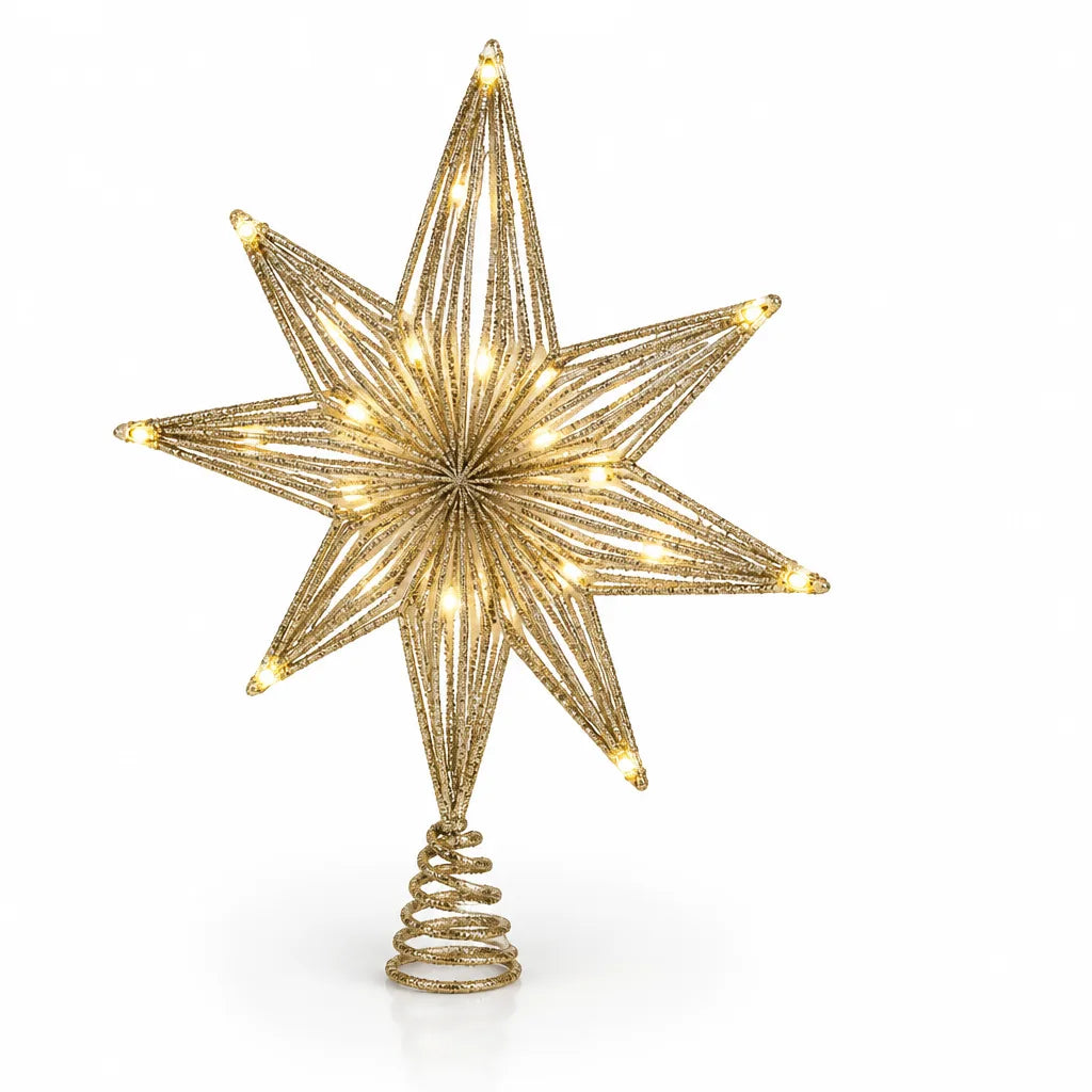 Gold glitter star tree topper with warm white LED lights glowing at the tips of its slender wire rays, mounted on a coiled spring base against a white background.