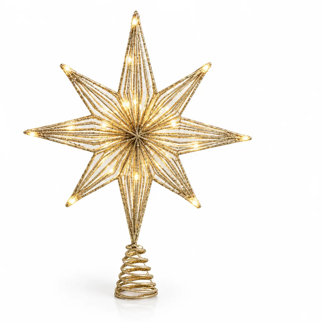 Gold glittered eight-point LED star tree topper with warm white lights along its wire rays and a coiled spring base, shown upright against a plain white background.