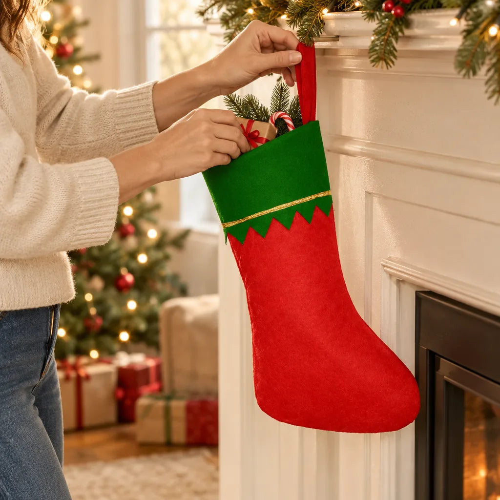 A woman in a cream knit sweater tucks a small wrapped gift and a candy cane into a red and green Christmas Stocking hanging from a white mantel, with a lit Christmas tree and presents blurred in the background.