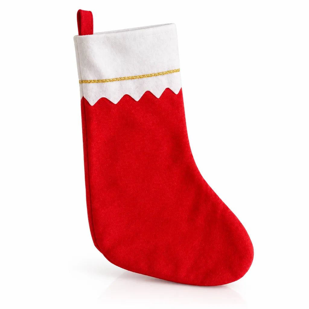 A red felt Christmas stocking with a white zigzag-edged cuff trimmed in gold cord and a small hanging loop at the top, shown upright against a plain white background.