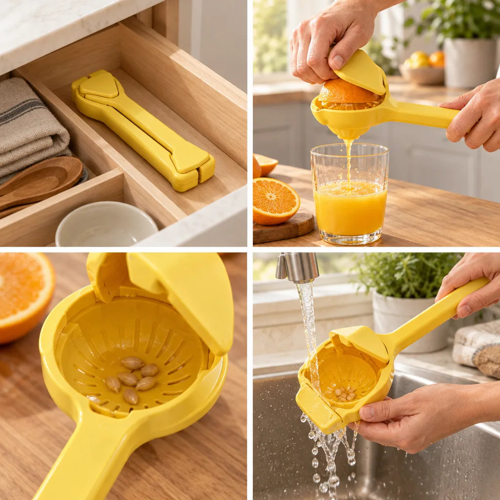 Four-panel grid showing the yellow Citrus Juicer in use: folded flat in a wooden kitchen drawer beside towels and wooden spoons, squeezing an orange half so juice streams into a glass, a close-up of the perforated strainer bowl catching seeds, and the juicer being rinsed under a running tap over a stainless steel sink.