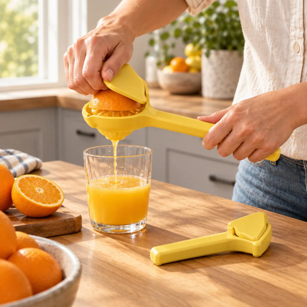 A person in a sunlit kitchen squeezes an orange half in a yellow Citrus Juicer, with juice streaming into a clear glass on a wooden counter beside sliced oranges, a bowl of whole oranges, and a second juicer folded flat nearby.