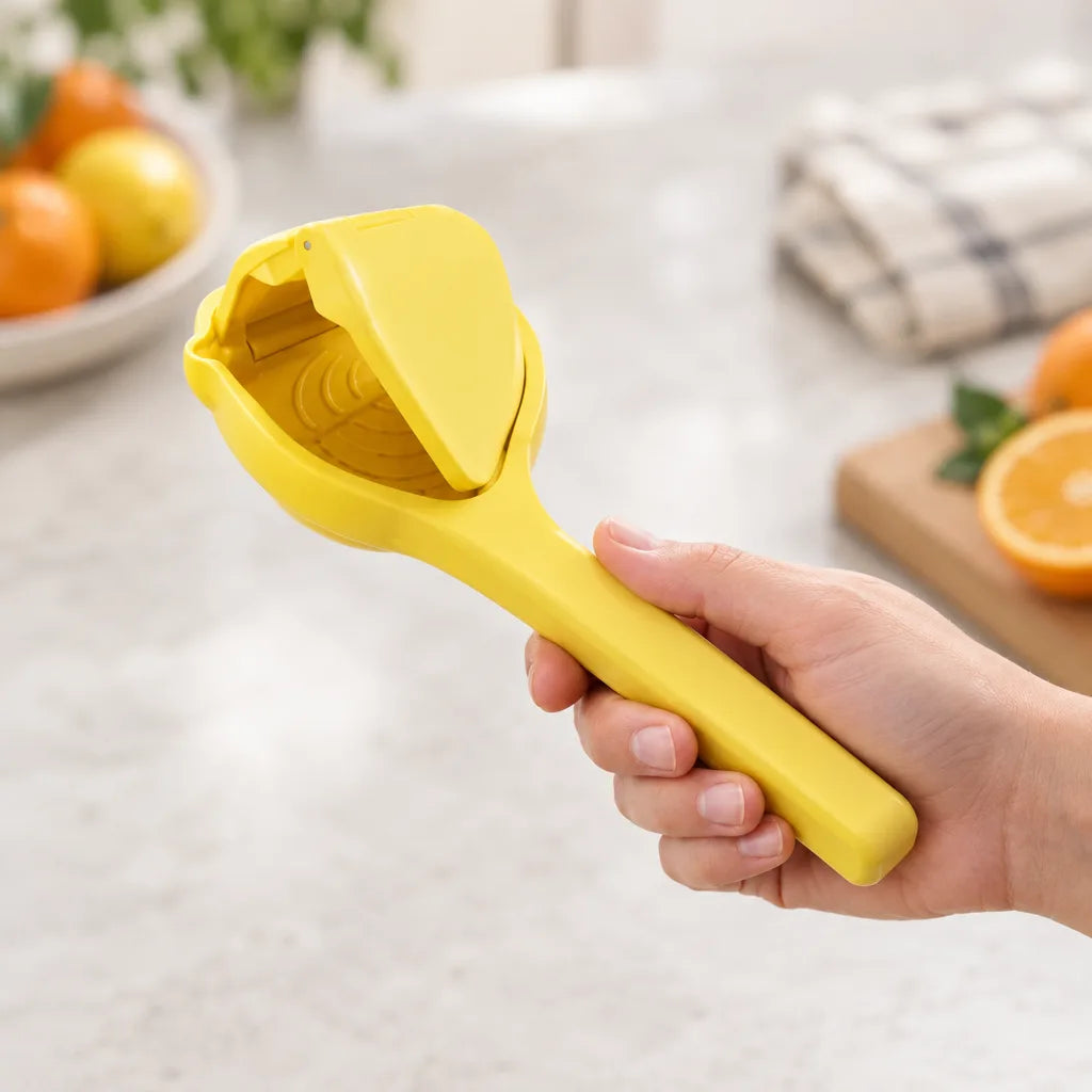 A hand holds the yellow Citrus Juicer above a marble kitchen counter, its hinged press open to show the ridged bowl and strainer holes, with a bowl of oranges and a halved orange on a wooden board blurred in the background.