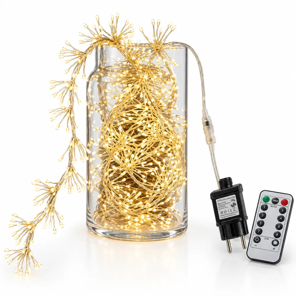 A warm white cluster LED string light coiled inside a clear glass cylinder vase, with one lit strand of copper wire sprays trailing over the rim, shown beside its black plug adapter and a black eight-button remote control.