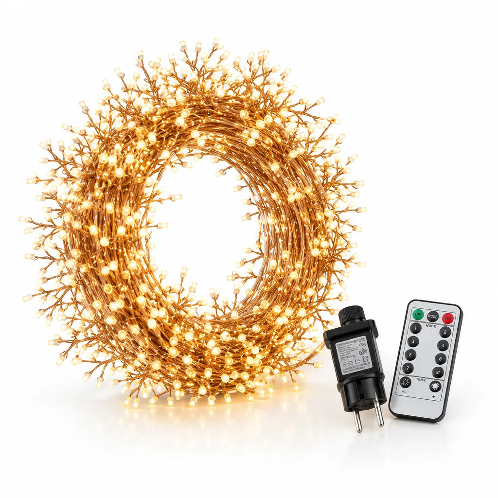 A 9 m cluster LED fairy light string on copper wire, coiled into a thick ring of densely packed warm white bulbs, shown on a white background beside its black plug and a remote control with on, mode, timer and brightness buttons.
