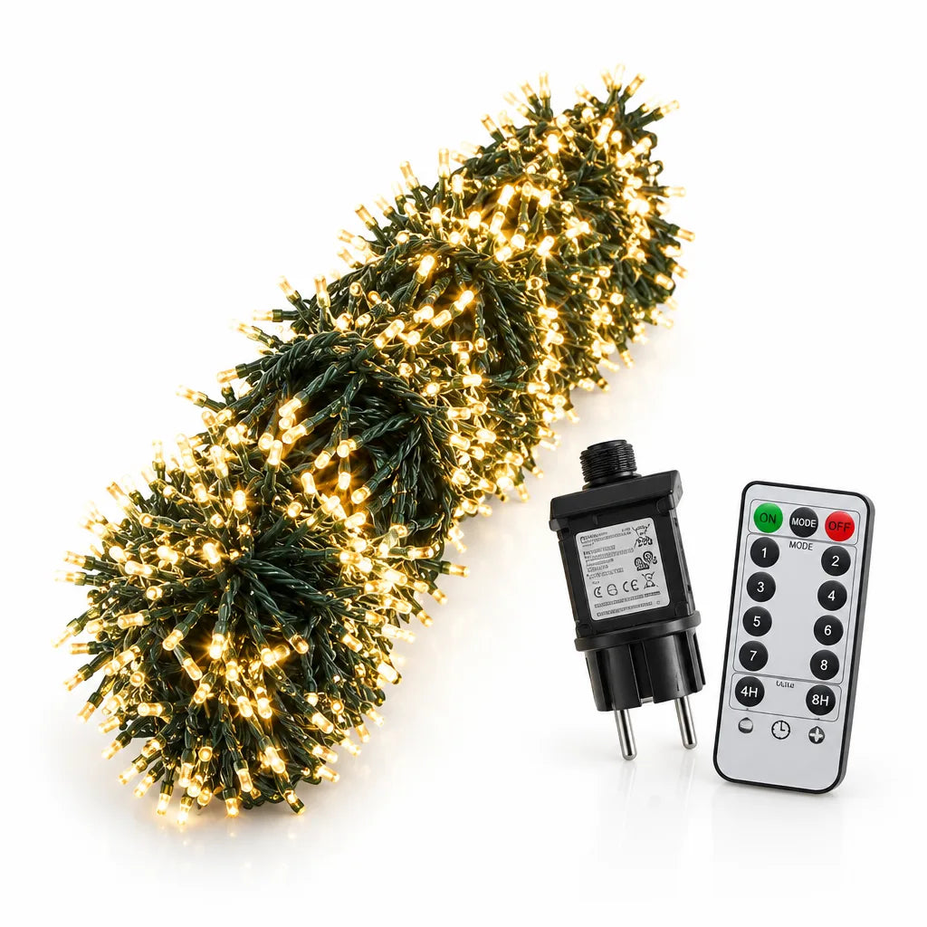 A 15 m Cluster LED string light coiled into a dense bundle, its green wire packed with hundreds of glowing warm-white bulbs, shown on a white background beside a black plug-in power adapter and a white remote control with on, mode and off buttons, numbered mode keys and 4H and 8H timer settings.