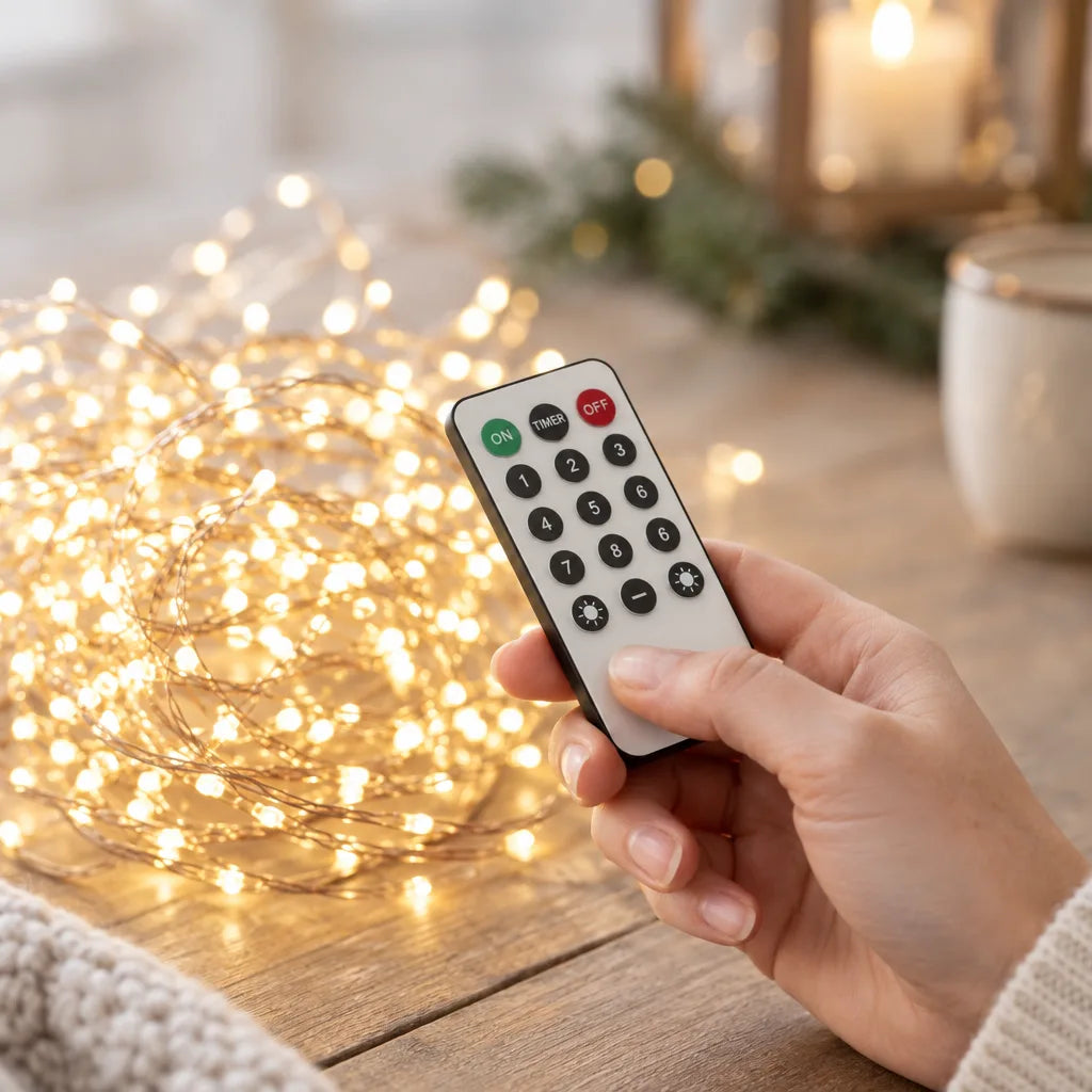A hand holds the white remote control for the cluster LED copper wire string lights, with on, timer, off, number and brightness buttons, while the coiled lights glow warm white on a wooden table beside a candle lantern.