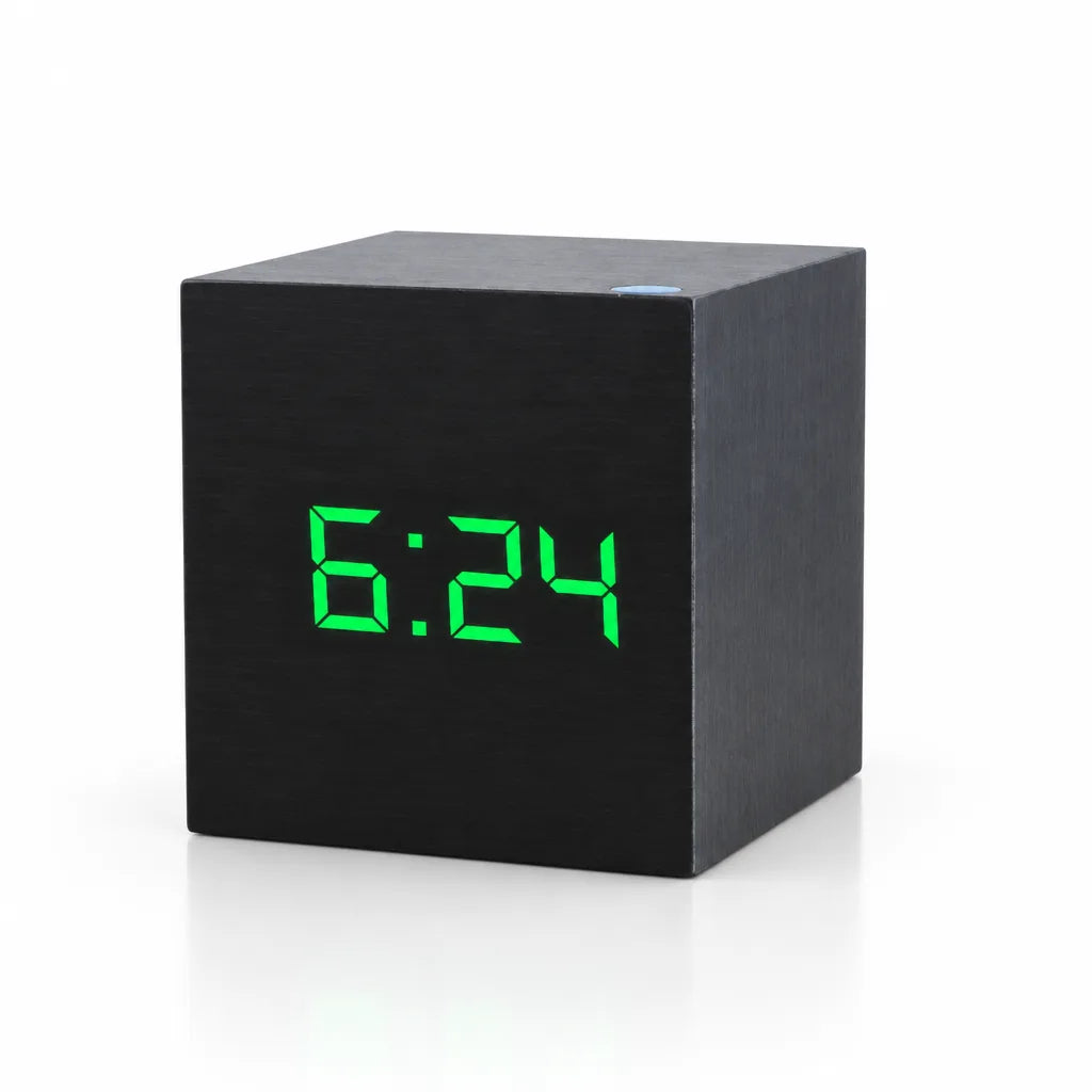 Black cube-shaped digital LED alarm clock with a wood-grain finish, showing the time 6:24 in bright green digits on a white background.