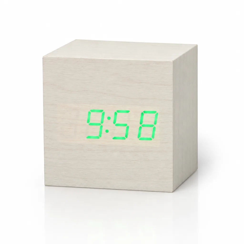 White wooden cube digital LED alarm clock standing on a white surface, its pale woodgrain front showing the time 9:58 in bright green LED digits.