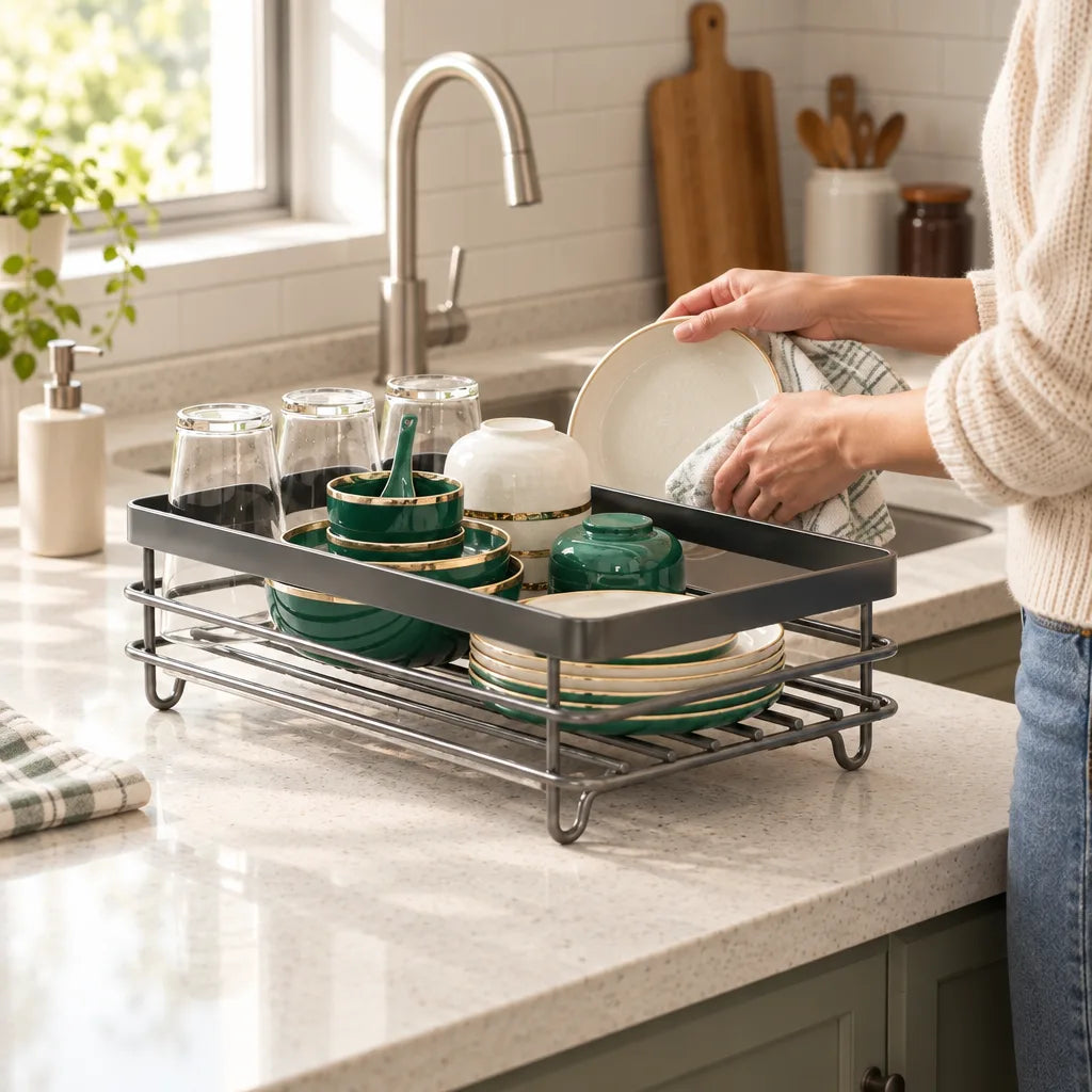 A person in a cream sweater dries a plate with a checked towel beside a Dish Drying Rack on a speckled countertop, its grey tray and wire frame holding upturned glasses, green and gold bowls, a white bowl and stacked plates in front of a kitchen sink.