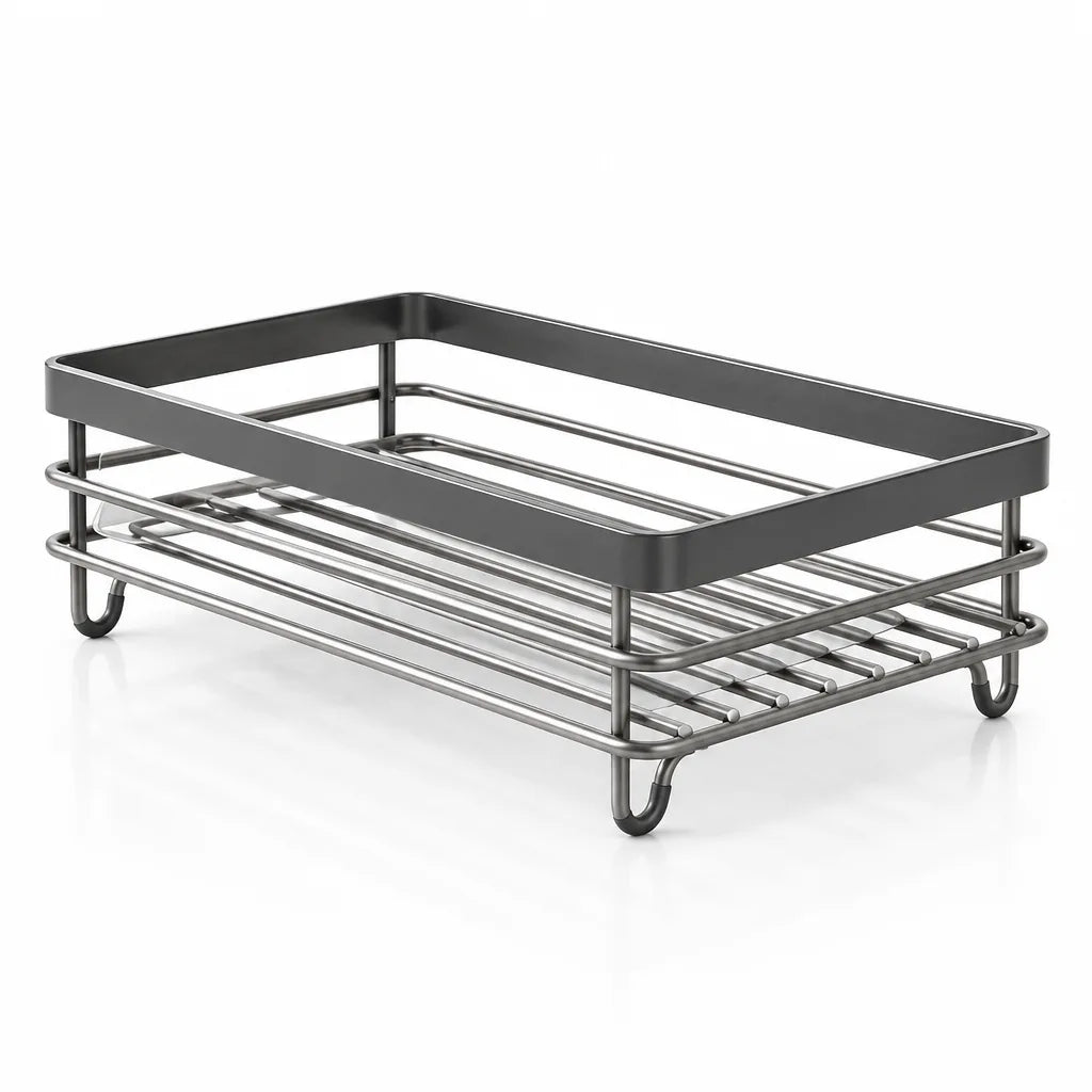 Brushed stainless steel dish drying rack shown empty at an angle against a white background, with a dark grey rectangular rim, slatted wire base and curved feet.