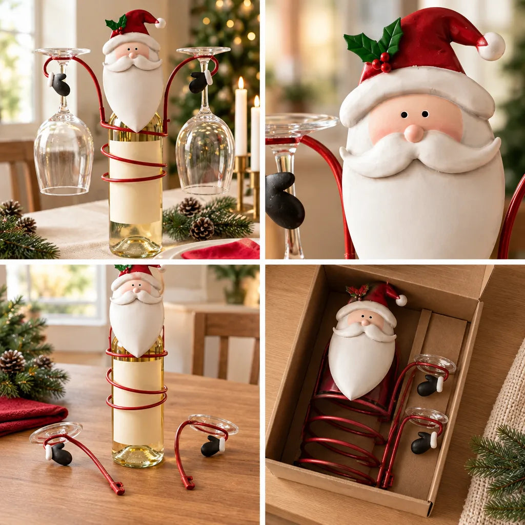Four panels showing the Santa wine bottle holder: a red metal Santa figure wrapped around a bottle of white wine with two glasses hanging upside down from its mitten-tipped arms on a festive table, a close-up of the painted Santa face with its holly-trimmed hat and white beard, the holder on a wooden table with the two glass holders detached beside it, and the pieces packed in a plain cardboard gift box next to pine sprigs.