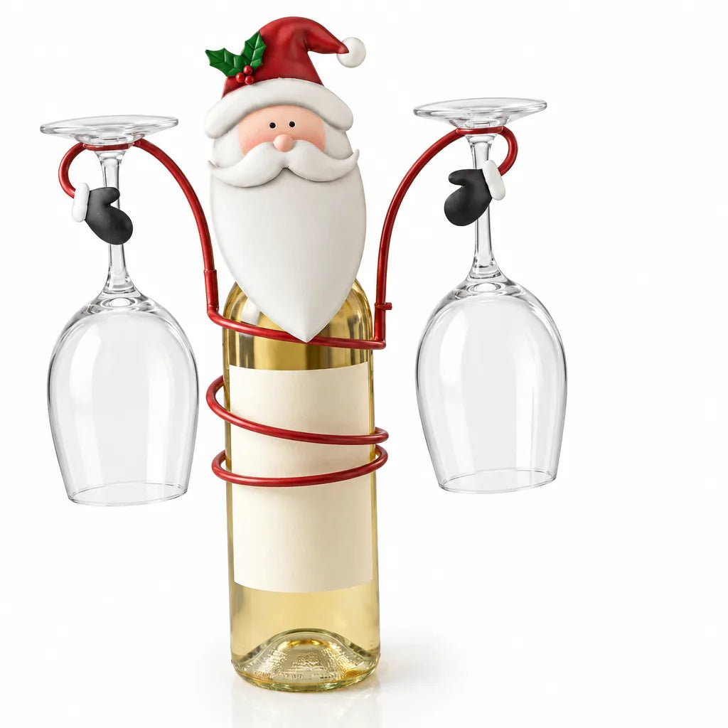 Santa Claus bottle holder made of metal, its red wire frame coiled around a bottle of white wine with two empty wine glasses hanging upside down on either side.