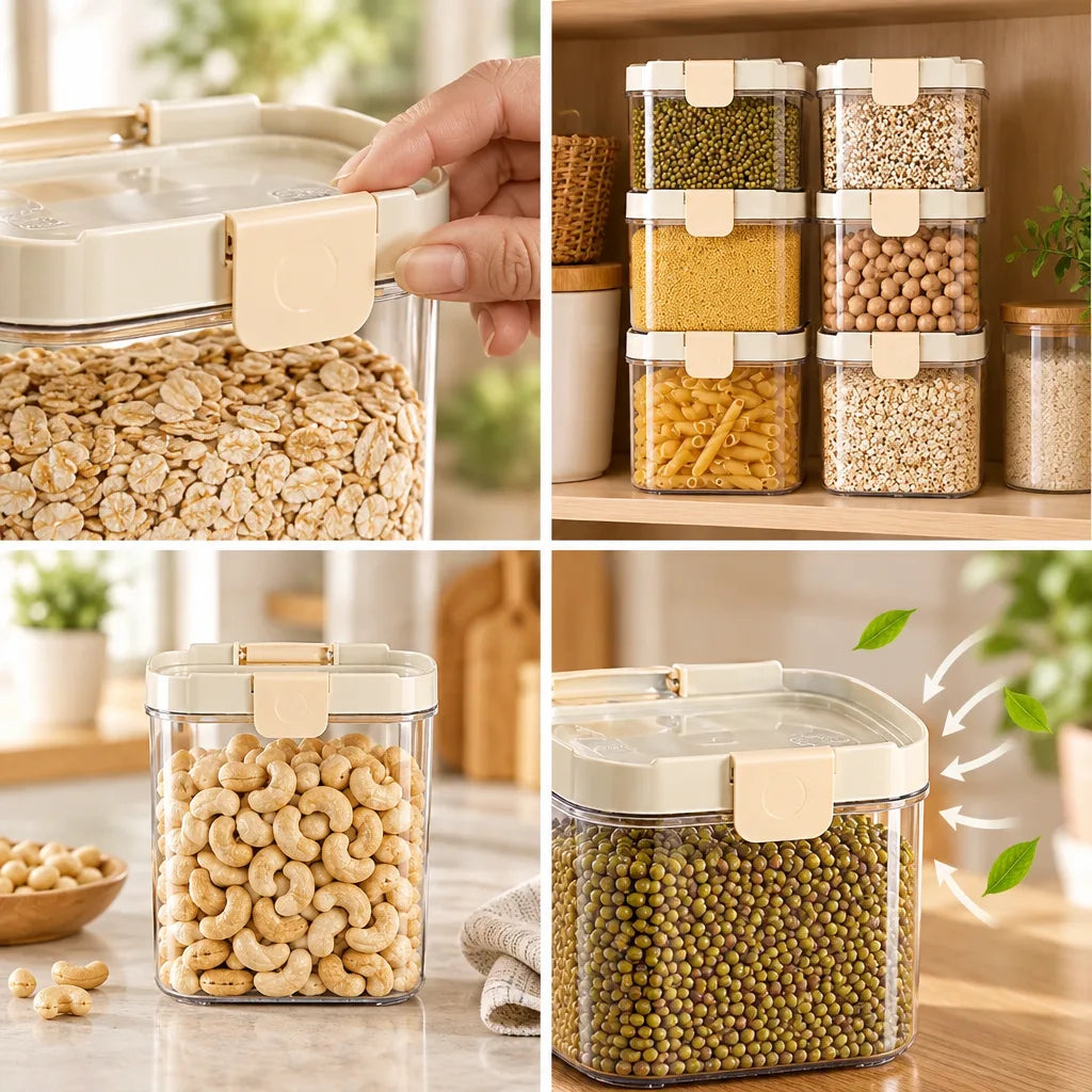 Four-panel grid showing the Food Storage Container: a hand flipping open the cream snap-lock lid on a tub of rolled oats, six containers stacked in pairs on a wooden shelf holding mung beans, puffed grains, couscous, chickpeas and penne, a single clear tub of cashews on a marble counter, and a container of mung beans with arrows and leaves pointing at its sealed lid.