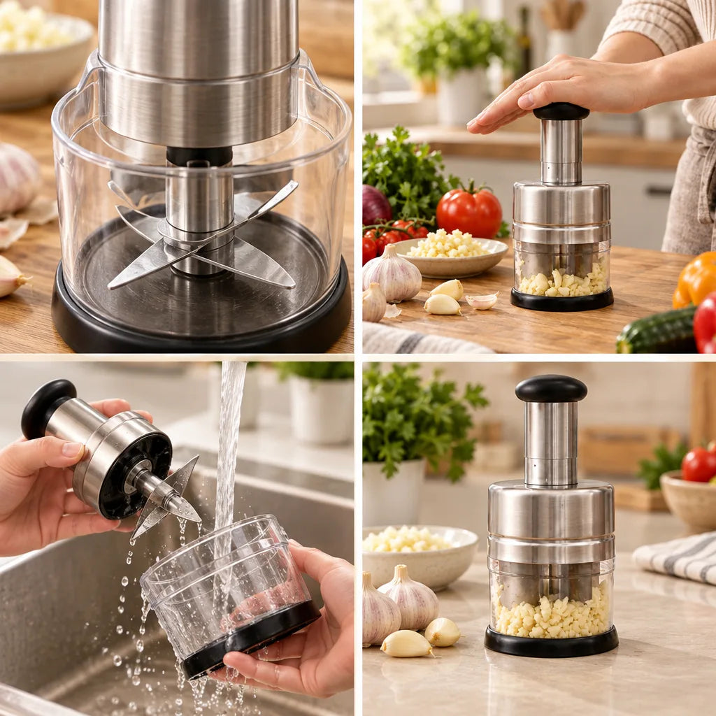 Four-panel grid showing the Garlic Chopper: a close-up of its stainless steel cross blade inside the clear cup, a hand pressing the plunger on a kitchen counter beside tomatoes and garlic, the blade unit and cup being rinsed under running water at the sink, and the filled chopper standing next to garlic bulbs with a bowl of minced garlic.