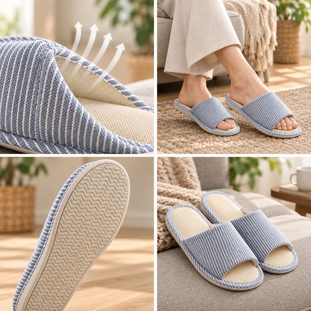 Four-panel layout showing blue and white striped house slippers: a close-up of the flexed textile upper with arrows indicating airflow, a woman wearing the pair on a woven rug beside a sofa, the underside of one slipper revealing its wavy-patterned non-slip sole, and the pair resting side by side on a cushioned bench.