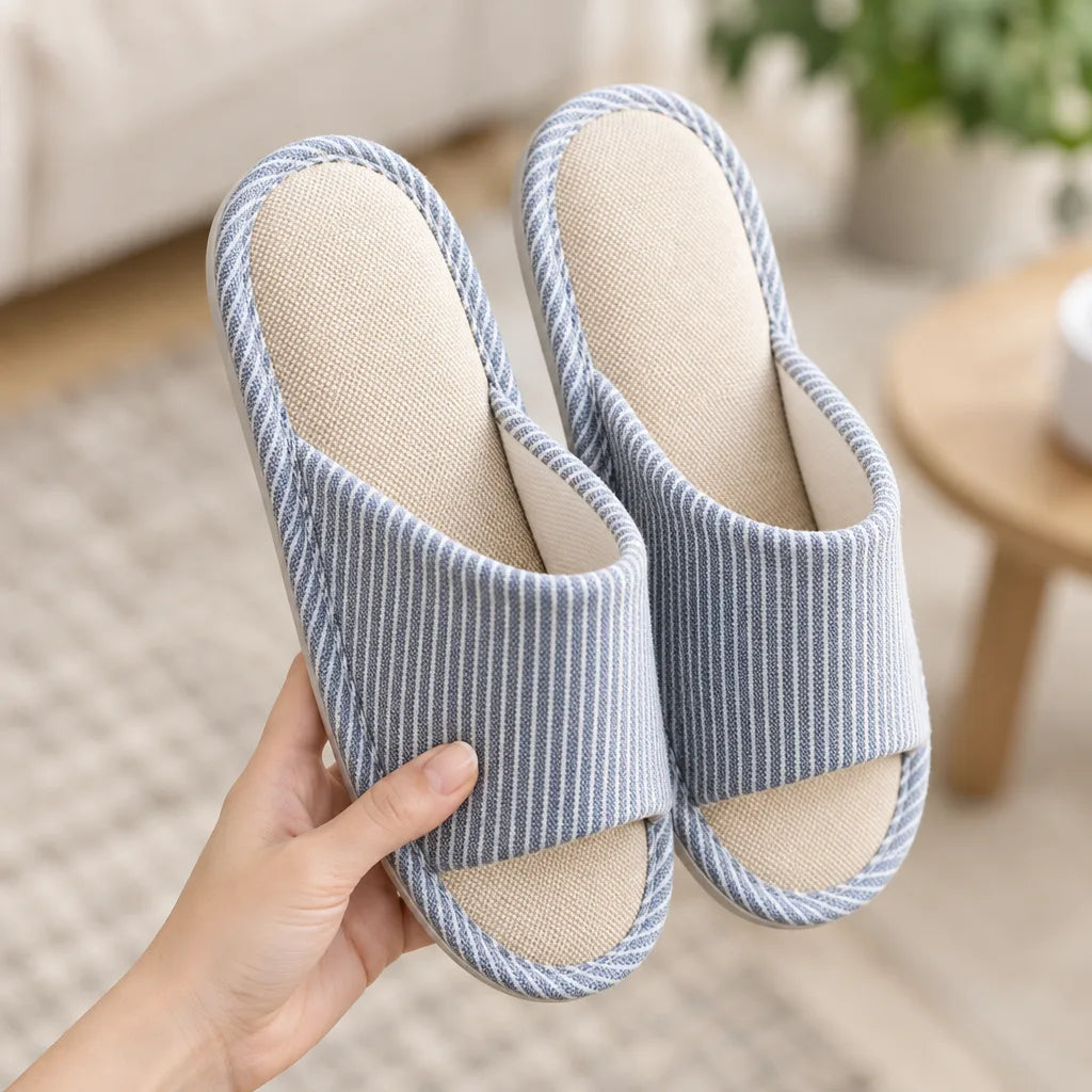 A hand holds up a pair of blue and white striped house slippers with open toes and beige linen footbeds, in front of a blurred living room with a sofa, woven rug and round wooden table.