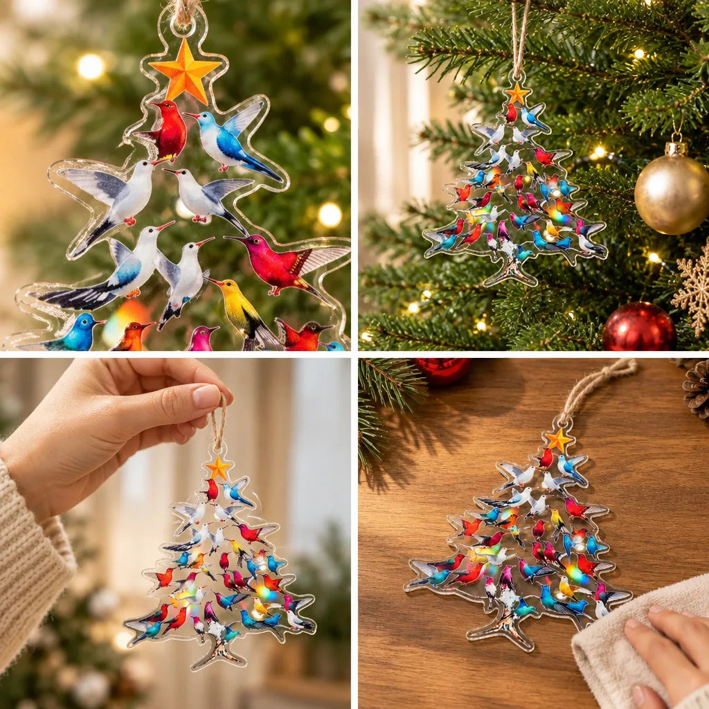 Four panels show the same clear acrylic Kolibri Christbaumschmuck, a tree-shaped ornament filled with brightly coloured hummingbirds under a yellow star and hung from a twine loop: a close-up of the printed birds, the ornament glowing on a lit fir branch beside gold and red baubles, a hand holding it up indoors, and it resting on a wooden table while a hand polishes it with a soft cloth.