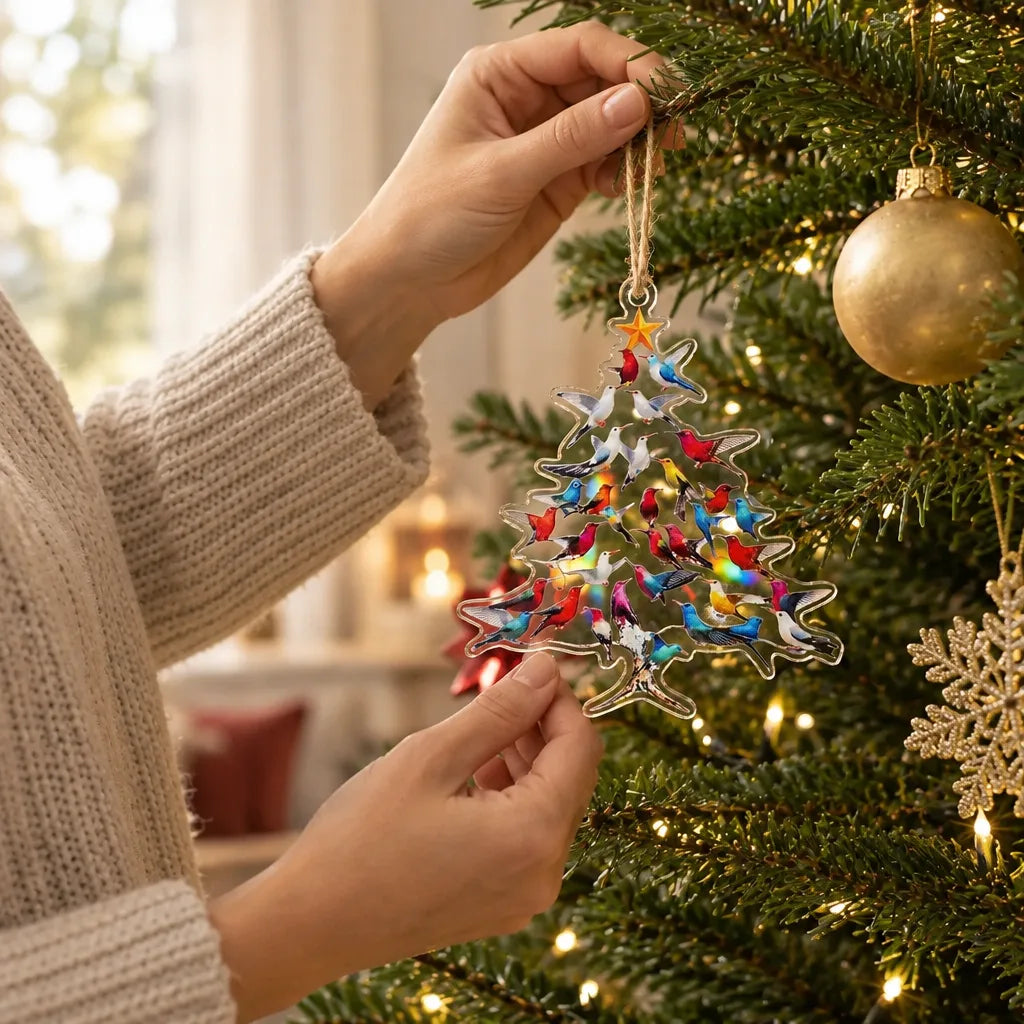 A woman in a cream knit sweater hangs a hummingbird Christmas ornament on a lit evergreen tree, holding the twine loop with one hand and steadying the tree-shaped acrylic piece with the other, its cut-out silhouette filled with brightly coloured birds and topped by an orange star, with a gold bauble and warm fairy lights nearby.