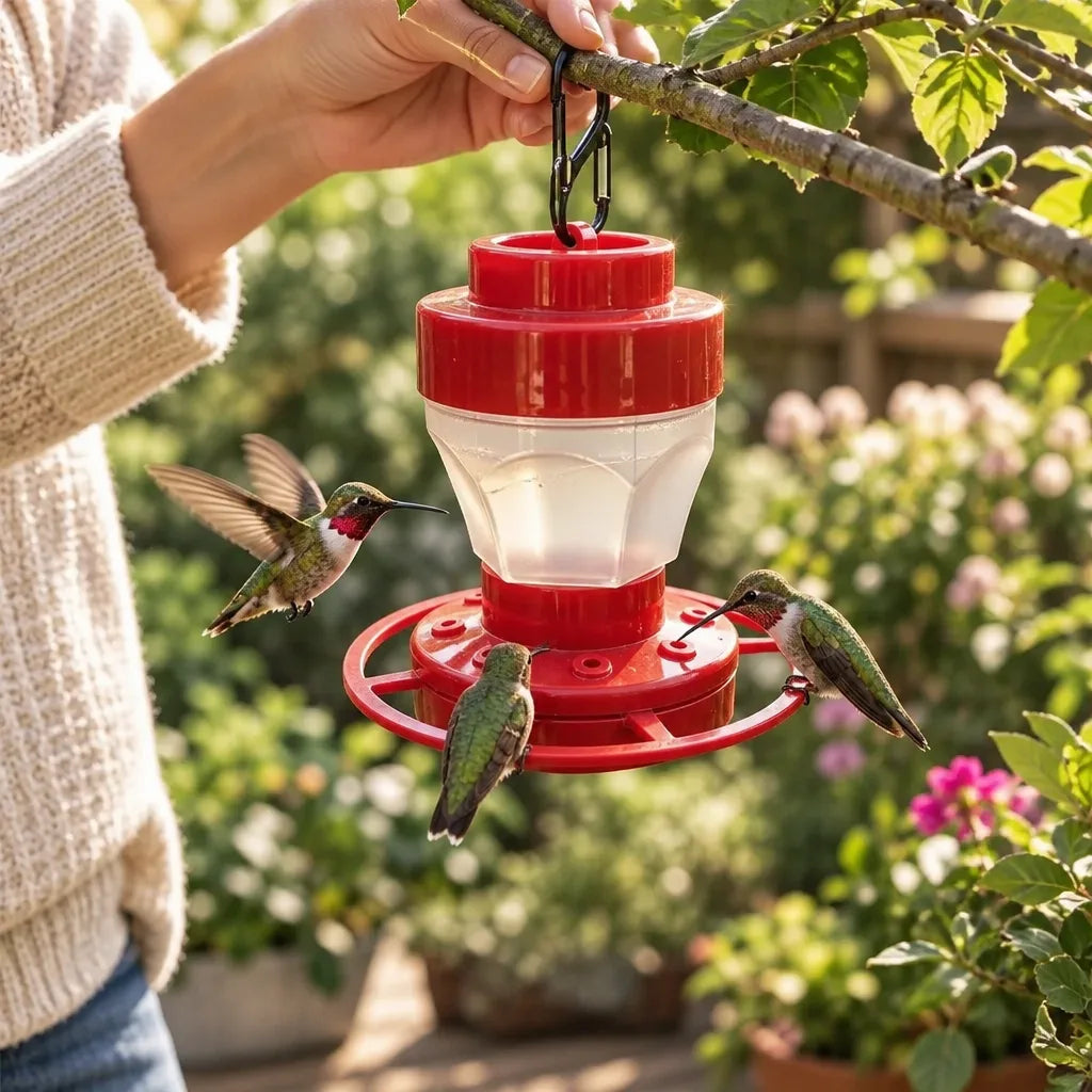 A person's hand clips a red hummingbird feeder onto a tree branch with its carabiner hook while three green hummingbirds hover and perch at the feeding ports in a sunny flower garden.