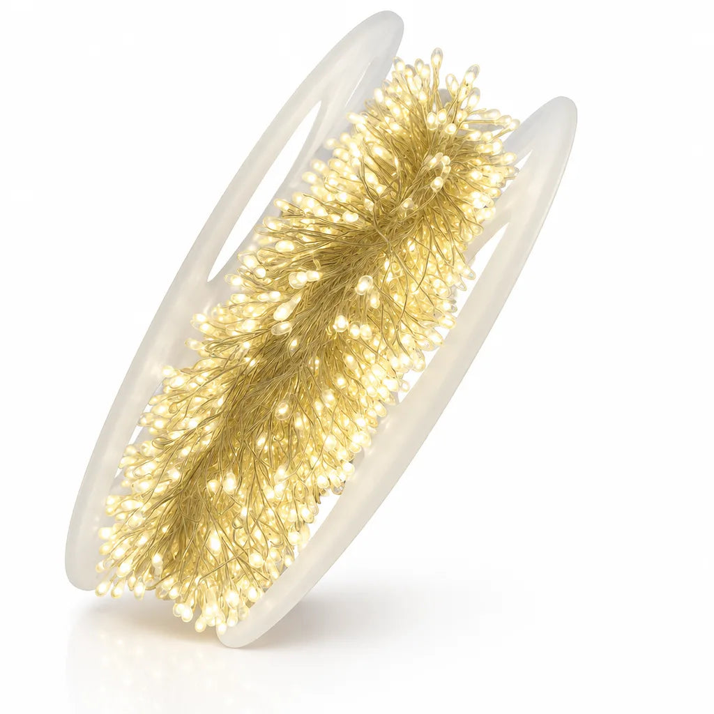 A coil of LED copper wire string lights wound densely onto a translucent plastic reel, all of the tiny bulbs lit in a warm golden glow against a white background.
