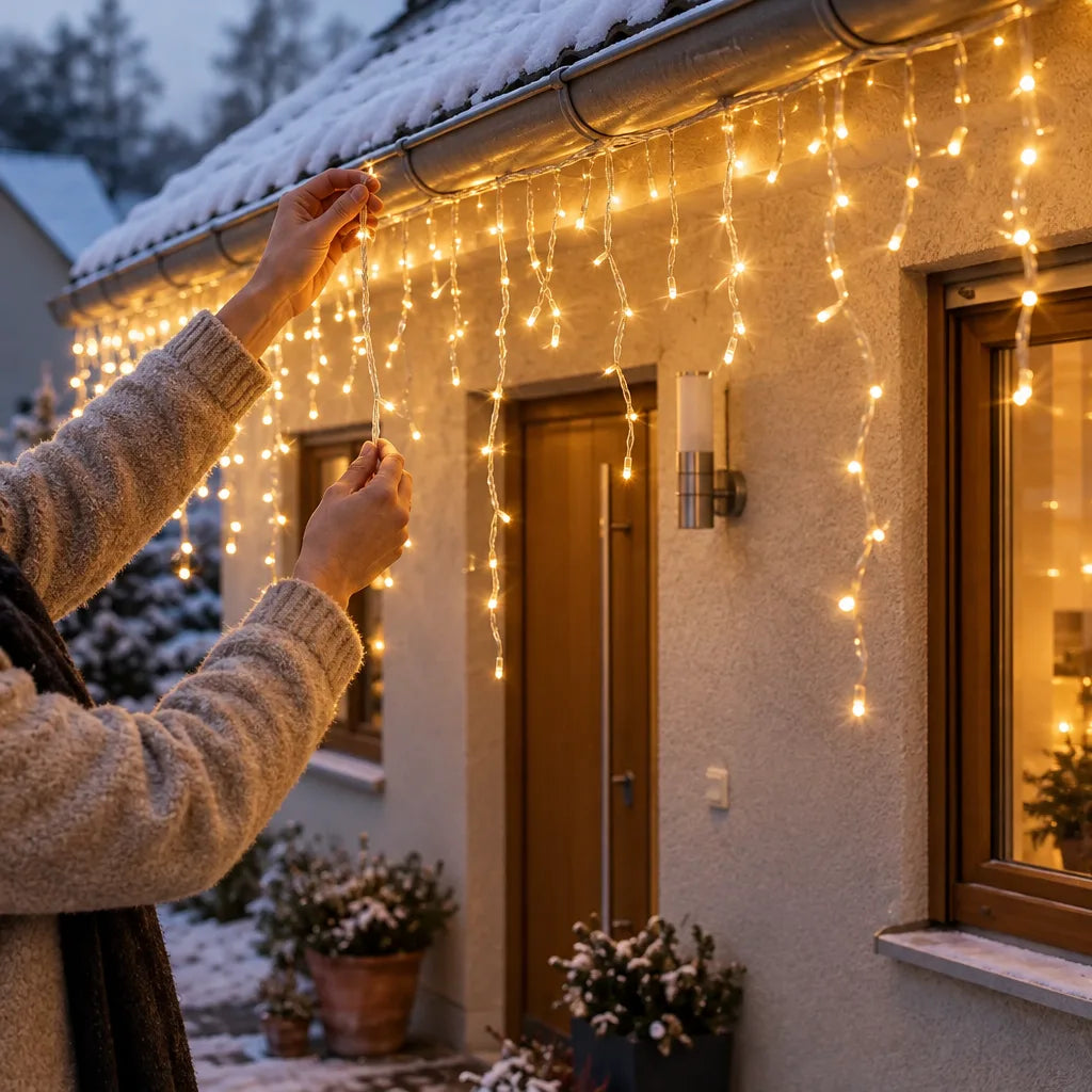 A person in a cream knit sweater reaches up to hang warm-white LED icicle lights along the snowy gutter of a house at dusk, with the glowing strands draping over the stucco wall beside a wooden door and a lit window.