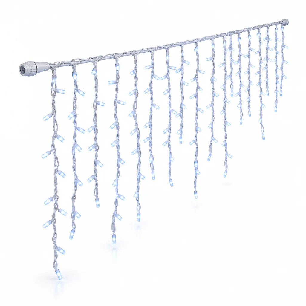 LED icicle string lights shown against a white background, with a long white cable and many hanging strands of varying lengths lit in cool blue-white.