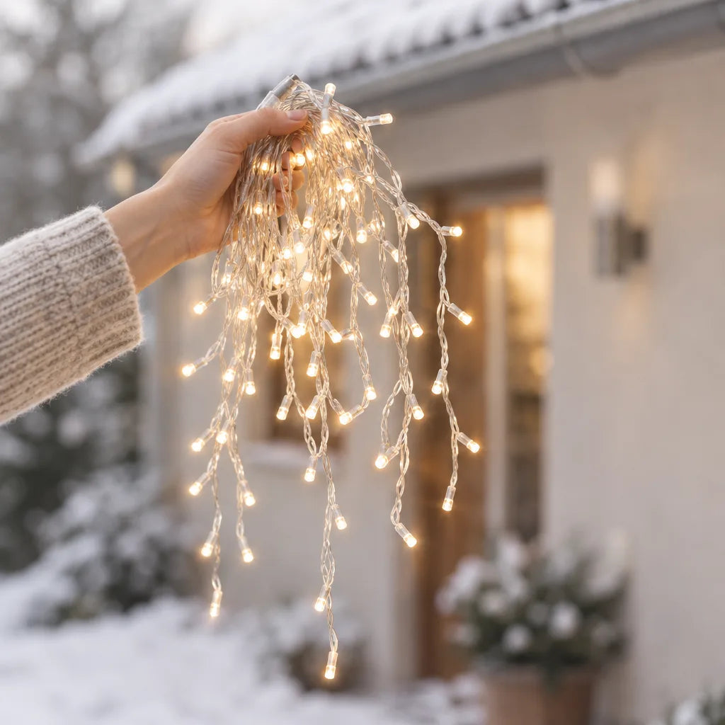 A hand in a cream knit sweater holds up a bundle of the LED icicle string lights, its clear cascading strands glowing warm white in front of a snow-covered house entrance.