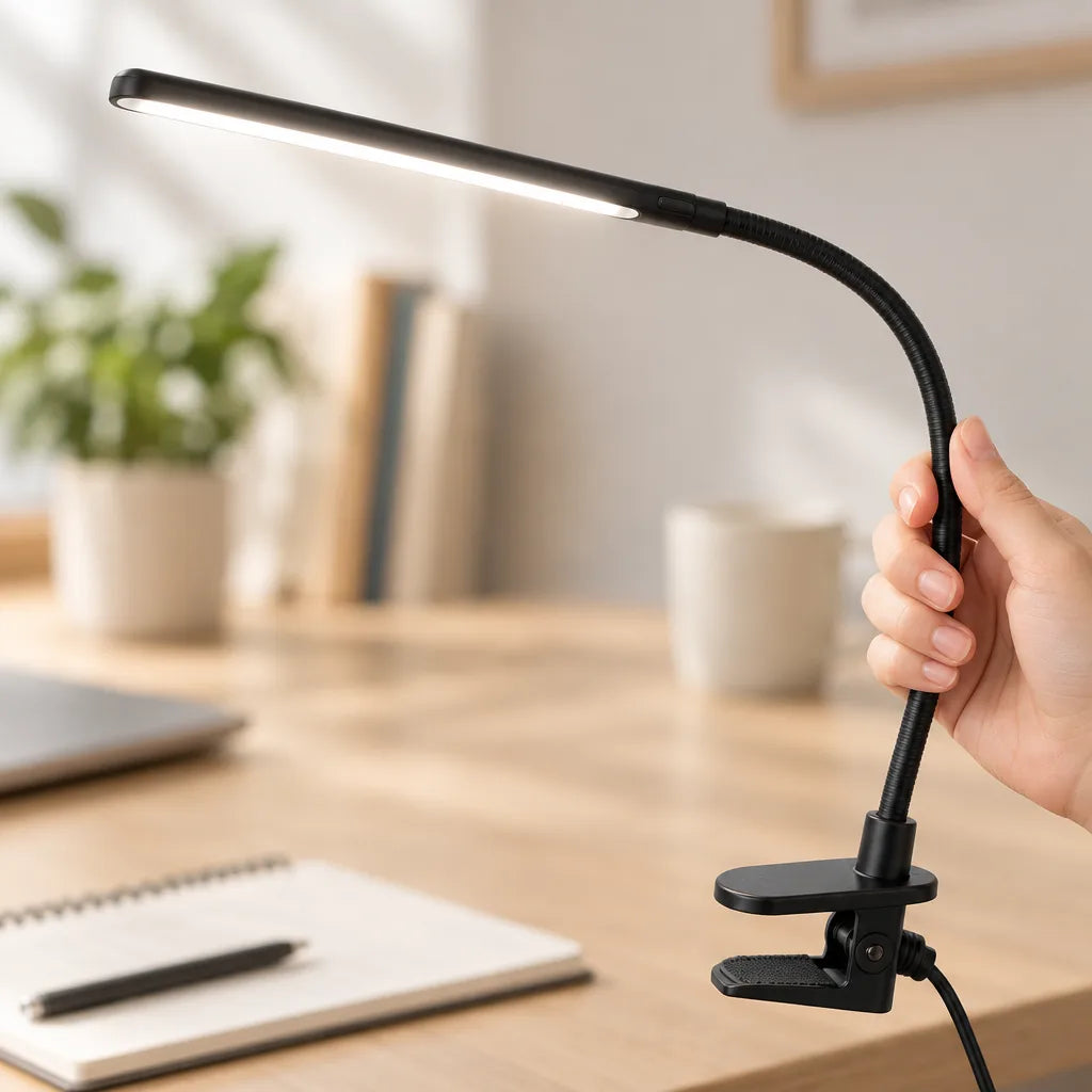 A hand bends the flexible gooseneck of a black LED clip-on lamp clamped to the edge of a wooden desk, its lit strip glowing warm white above a notebook, pen and laptop.