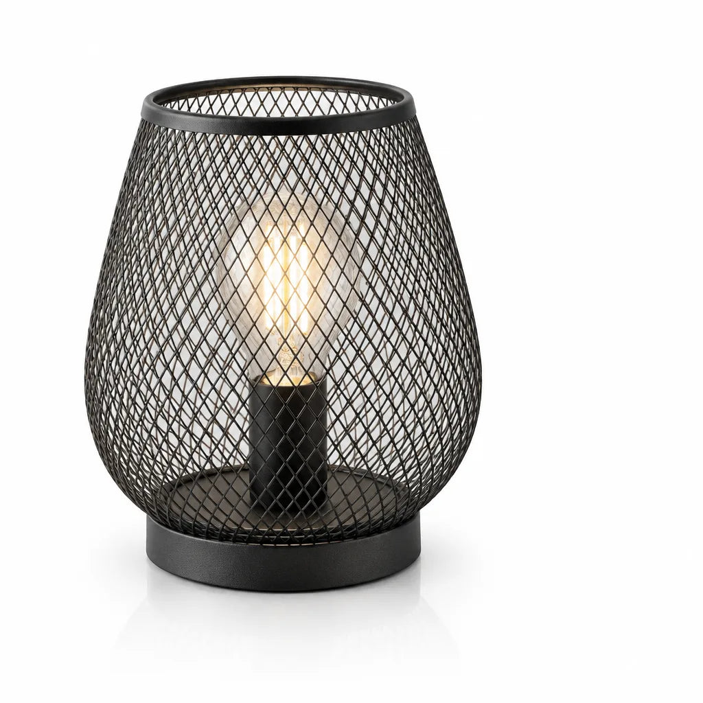 Black wire mesh LED lantern standing on a white background, its rounded cage glowing from the lit filament-style bulb inside.