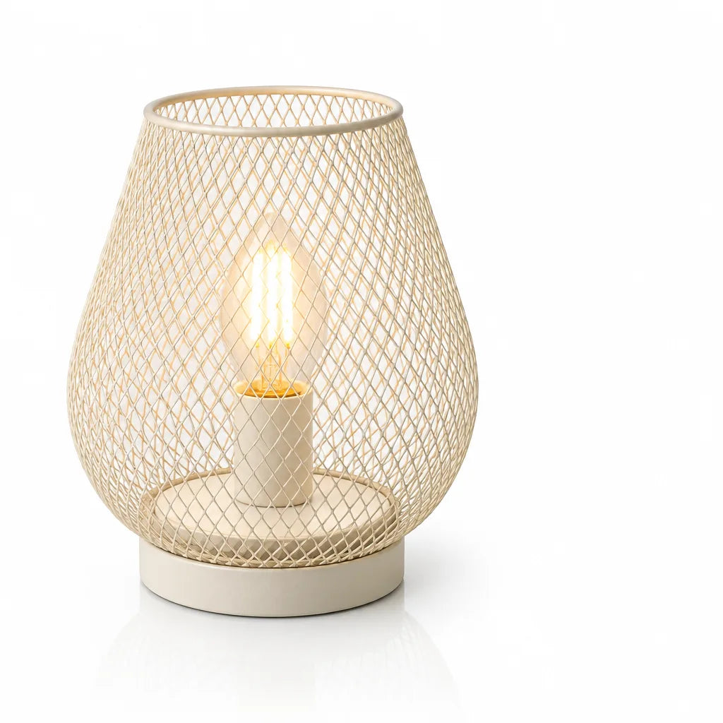 Cream-white metal mesh LED lantern with a rounded, tapered openwork shade on a round base, lit from within by a glowing filament-style bulb, shown against a plain white background.
