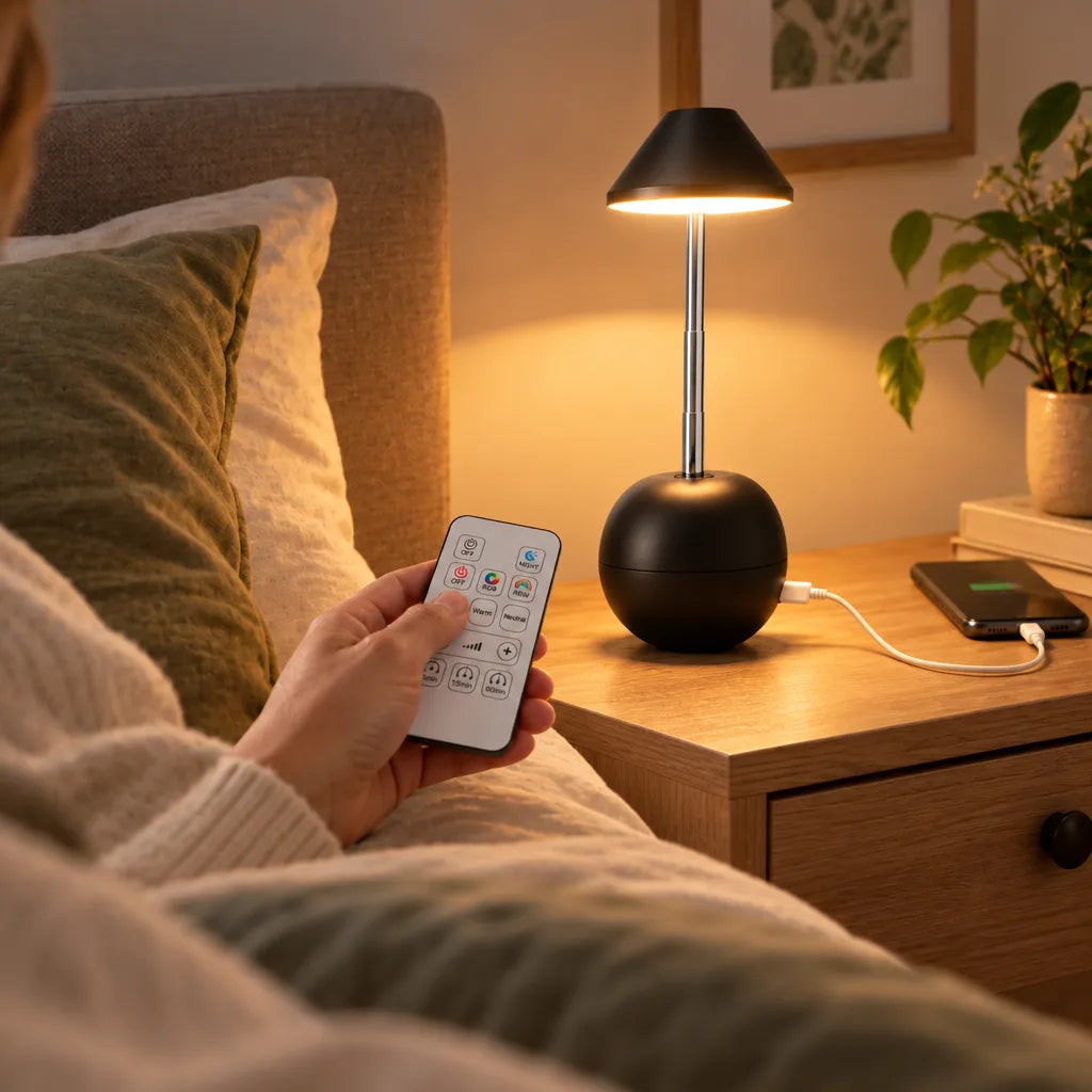 A person lying in bed under a knitted blanket points a small white remote at a black LED table lamp with a cone shade and round base on a wooden nightstand, where it casts warm light while a cable runs from its base to a charging phone beside a potted plant.