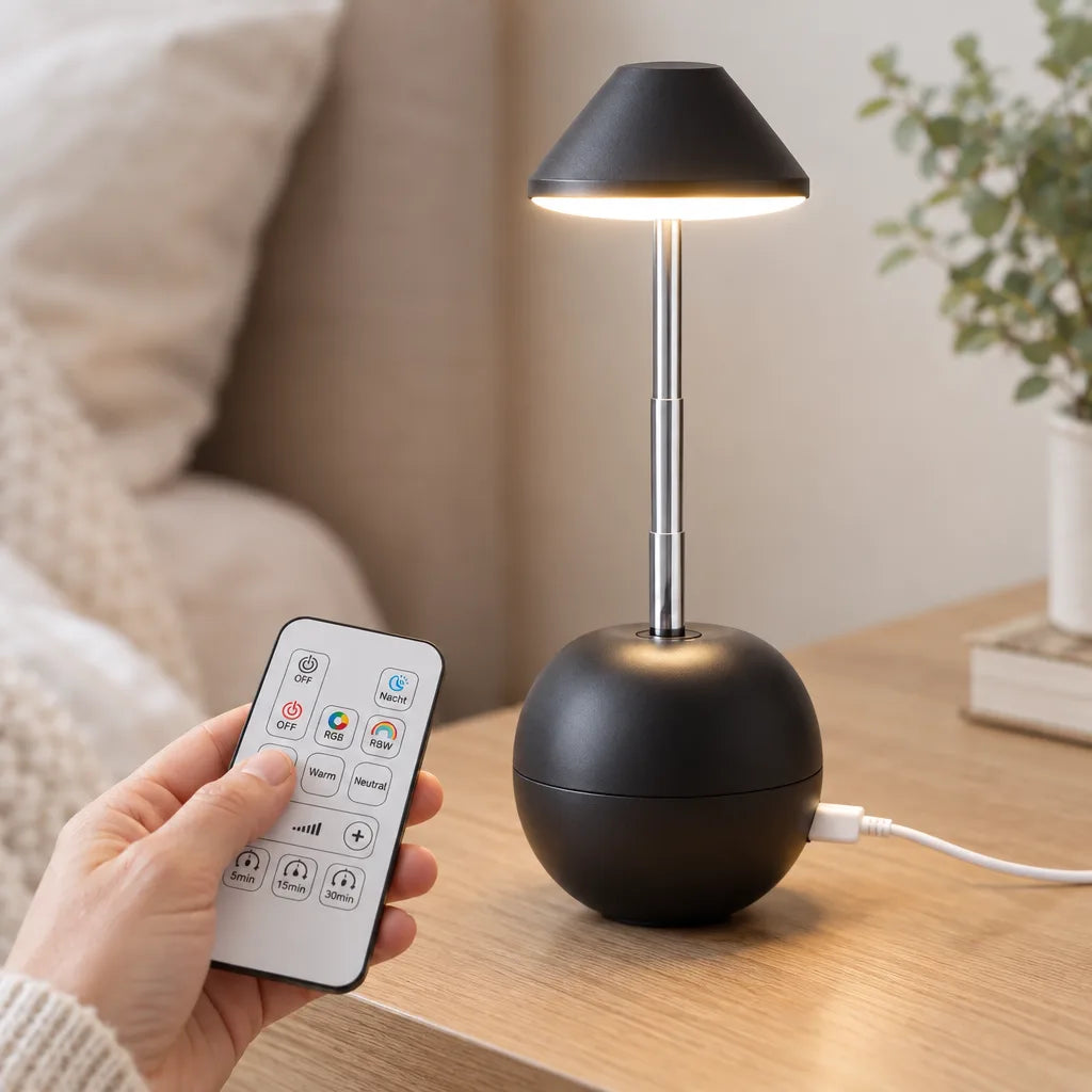 A hand holds a white remote with power, color and timer buttons in front of a black LED table lamp with remote control and USB port, glowing warmly on a wooden nightstand with a white charging cable plugged into its round base.